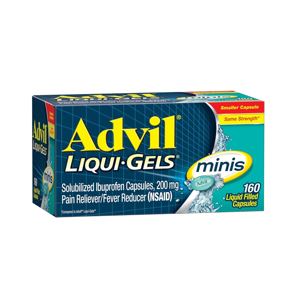 Advil Liqui- Gels Minis Reliever Pain i Fever Reducer, Pain Medicine dla dorosłych z Ibuprofen 200mg dla łagodzenia bólu - 160 Kapsułki napełnione płynem