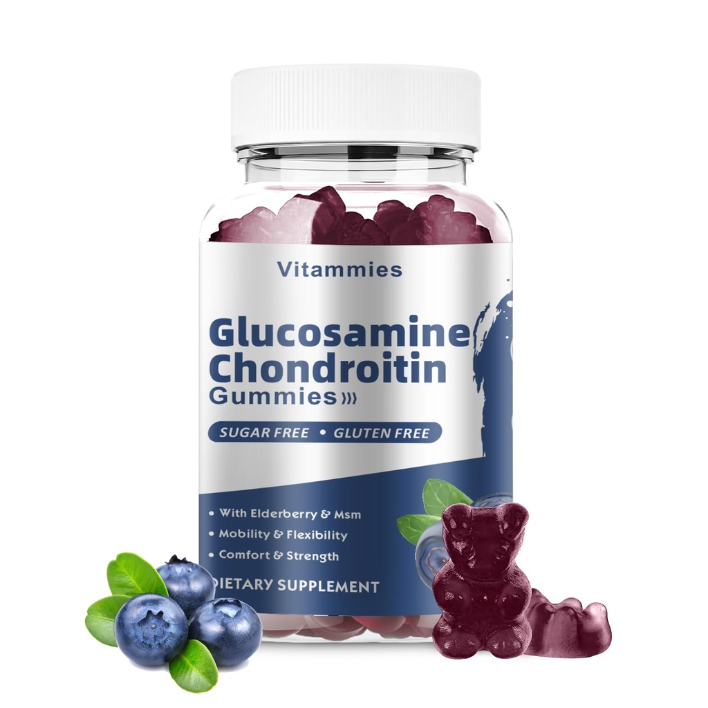 Glukozamina Gummie Chondroitin z mumsem i elderberry Extra Siła - Wspólne wsparcie, Antyutleniacze immunologiczne Suplement dla dorosłych, Mężczyźni i Kobiety Minerały, koenzym Q10, DHA- 60 Gummie jagodowe