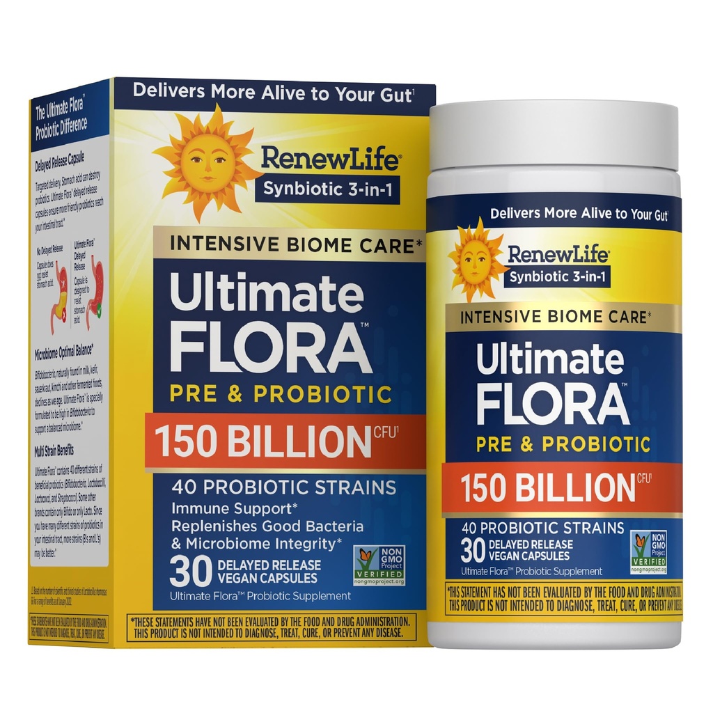 Renew Life Ultimate Flora Adult Ultimate Care Probiotic, 150 Billion, 30 Caps (Pakiet May Vary)