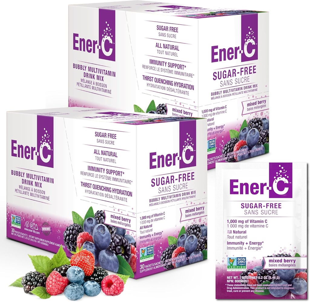 Ener- C Bezcukrowy Multivitamina Drink Mix - Witamina w proszku do wody, Elektrolity w proszku bez cukru, Nawodnienie Boost Pakiety, Zero Cukier, Witamina C & B12 Suplement Płyn Mix - Mieszane jagody, 60 Liczba
