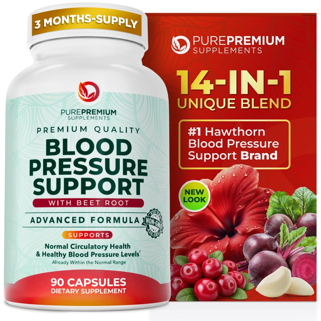 PurePremium Beet Root Kapsułki do wspomagania ciśnienia krwi - 700mg Zaawansowana formuła z buraka cukrowego w proszku, Hawthorn, Hibiscus & czosnek do normalnej produkcji tlenku azotu i zdrowia serca - Non-GMO - 90ct