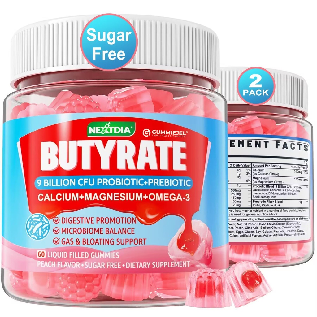 Gumy butyratowe z Probiotykiem + Prebiotykiem + Postbiotykiem, Omega-3 500mg, 9 Miliard CFU Probiotyki z włóknem włóknistym, Wapń i Magnez, Inulina, Pyllium Husk dla zdrowia trawiennego, Bloating Support, Cukier wolny