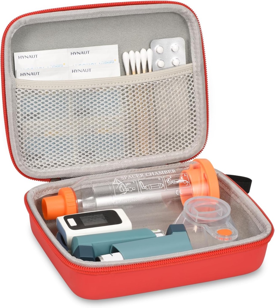 Hard Travel Case for Asthma Inhaler i akcesoria, z Mesh Pocket for Medicine, Czerwony