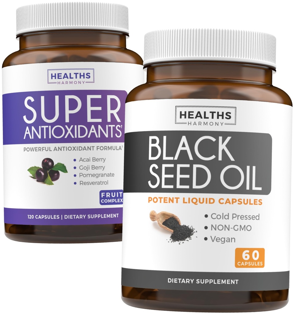 Przeciwutleniacze i olej z nasion czarnych (1- Miesiąc dostaw) Super suplement przeciwutleniający z Acai Berry, Goji Berry, Granat i Trans Resveratrol (120 Kapsułki) & Olej z nasion czarnych (Non-GMO i Wegan) 60 Kapsułki