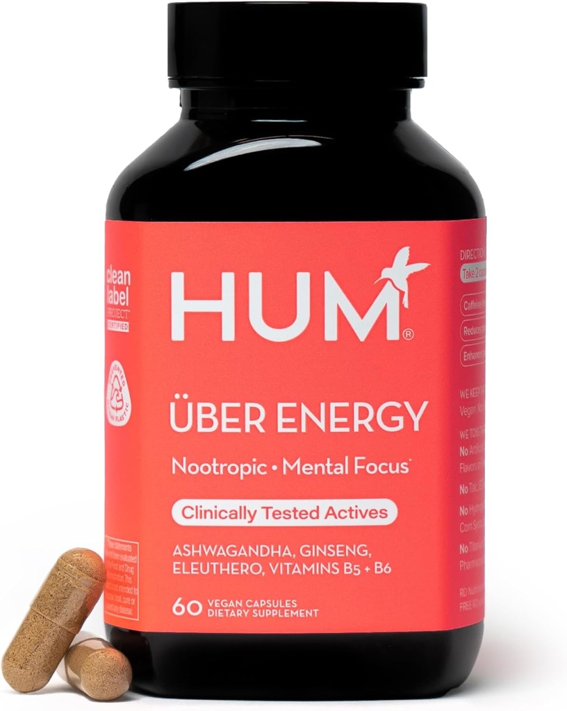 HUM Uber Energia Nadnercza Suplement Wspomaganie energii z Ashwagandha Root, Ginseng, B Witaminy, Witamina B6, B5 i Adaptogeny, Suplementy do Wspomagania Zmęczenia nadnerczy, 60 Kapsułki wegańskie