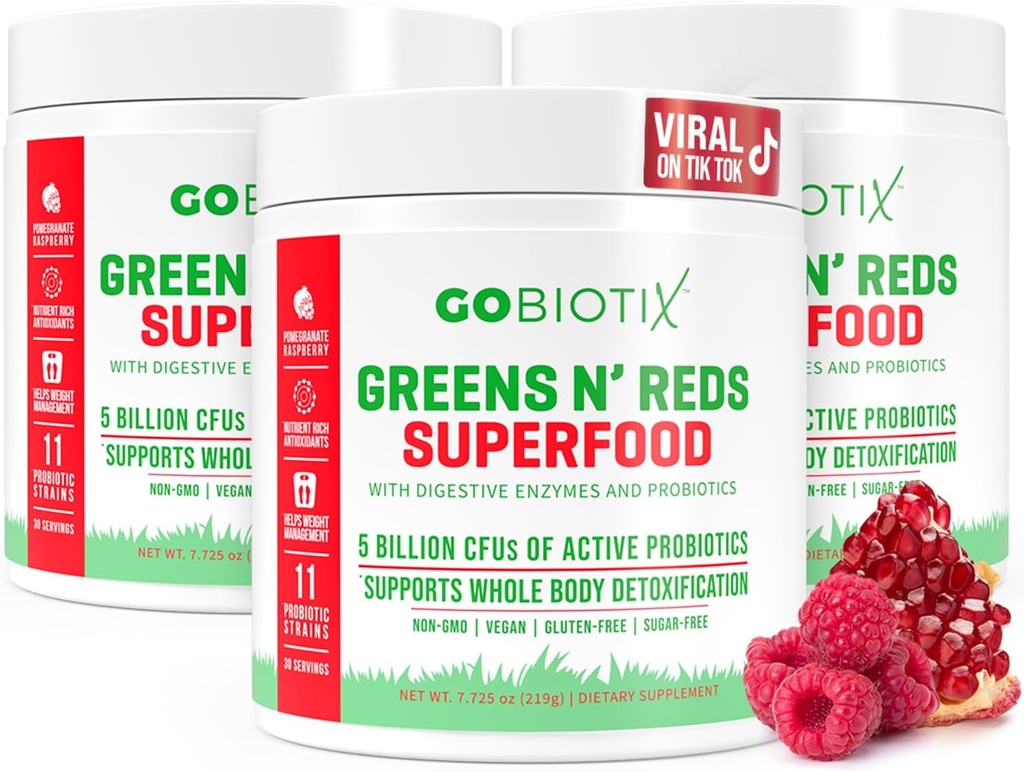 GOBIOTIX Super Zielone i czerwone proszku - Czerwona i zielona Superfood - Suplement Probiotyczny - Enzymy trawienne i Buraka w proszku - Organic Whole Foods Dietetyczny suplement (Pom Malina, 3 Pack)