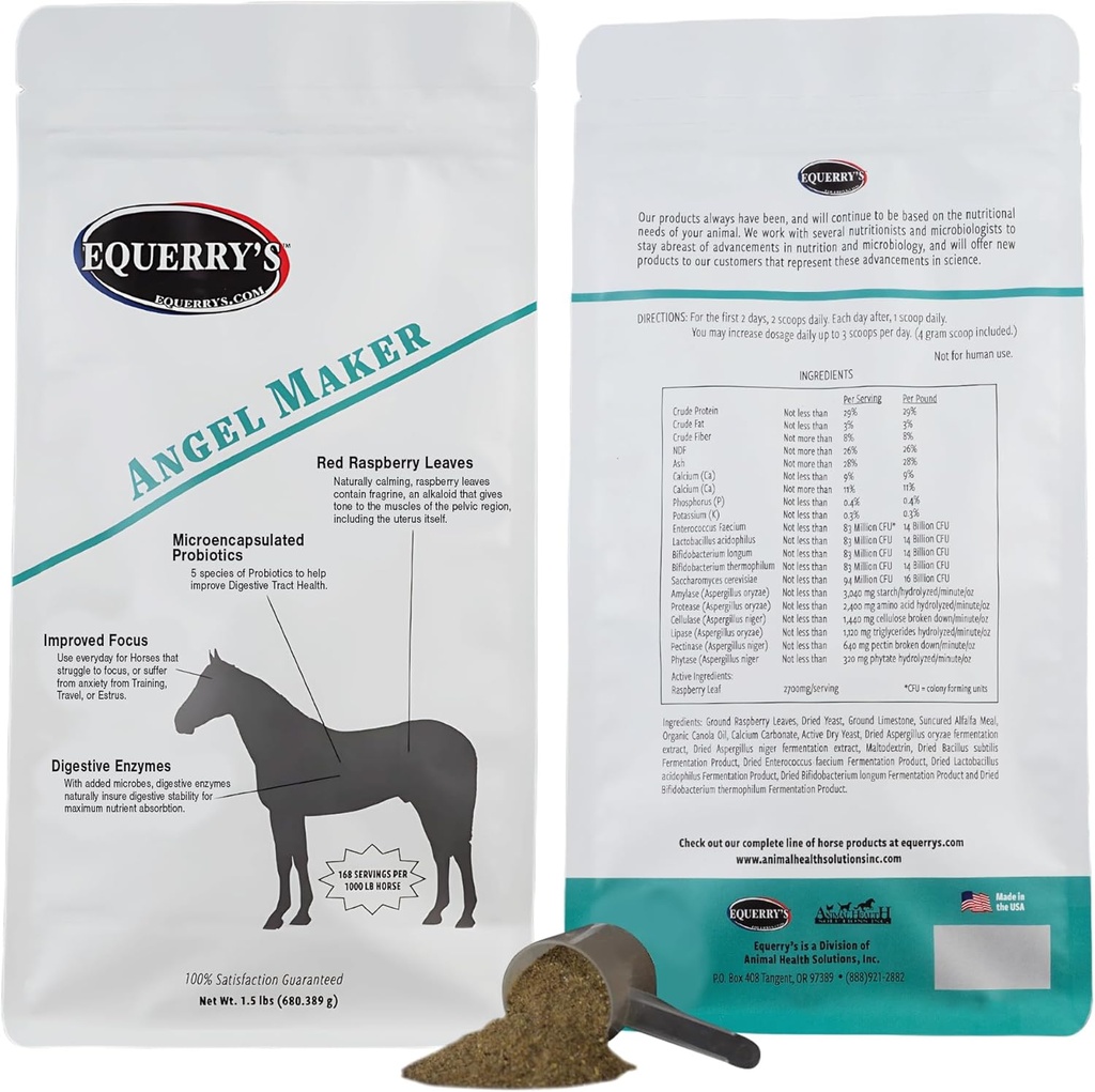 Equerry 's Angel Maker, Malina Leaf, Mikroencapsulated Probiotyki Suplement do leczenia koni Ulcer & Digestive Health Calmness & Focus, 1.5lb.