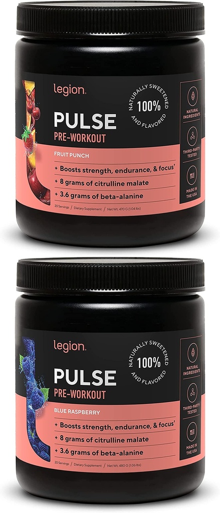 LEGION Pulse pre Workout Supplement - All Natural Nitric Oxide Precuting Drink to Boost Energy, Creatine Free, Naturally Sweetened, Beta Alanine, Citruline, Alpha GPC (Fruit Punch & Blue Malina)