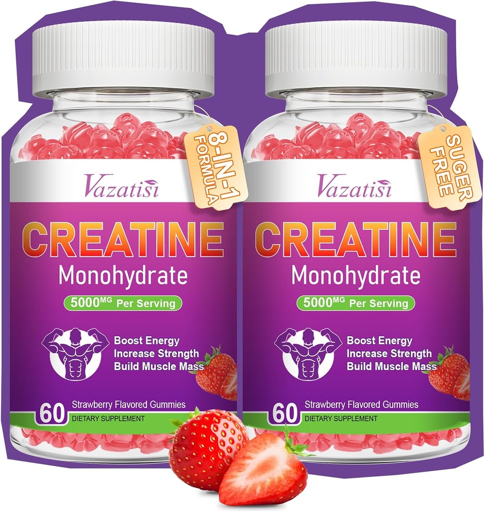 2 Pack Kreatywne jednowodzian Gummie dla kobiet i mężczyzn, Sugar Wolny Wegański Suplement dla Budowania Mięśnie, Zwiększenie energii i siły, Naturalny aromat truskawkowy, 120 Hrabia