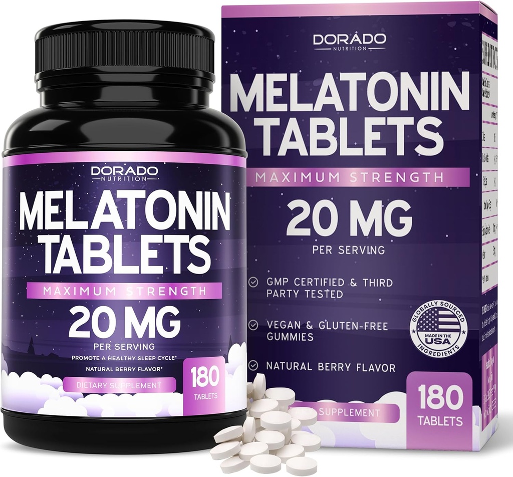 Melatonina 20mg tabletki dla dorosłych (180 mg) - Szybkie rozpuszczenie z 20 mg melatoniny na tabletkę - wysoka moc, bez glutenu, nie-GMO, wegan - mieszany aromat jagodowy - dostawy luzem - USA Made