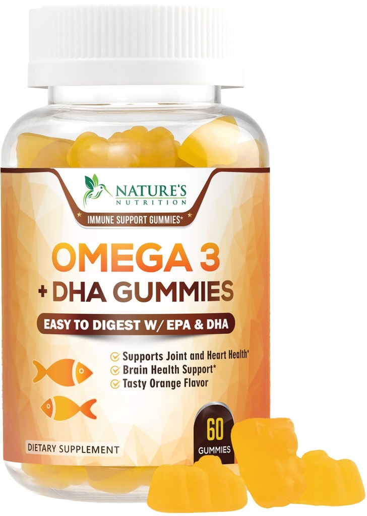 Omega 3 Fish Oil Gummies, Heart Healthy Omega 3 Gummy Suplement z wysoką absorpcją DHA & EPA, Extra Siła Joint & Wsparcie Mózgu, Pyszne Pomarańczowy Flavor Fish Oil Nature 's Witamina - 60 Gummies