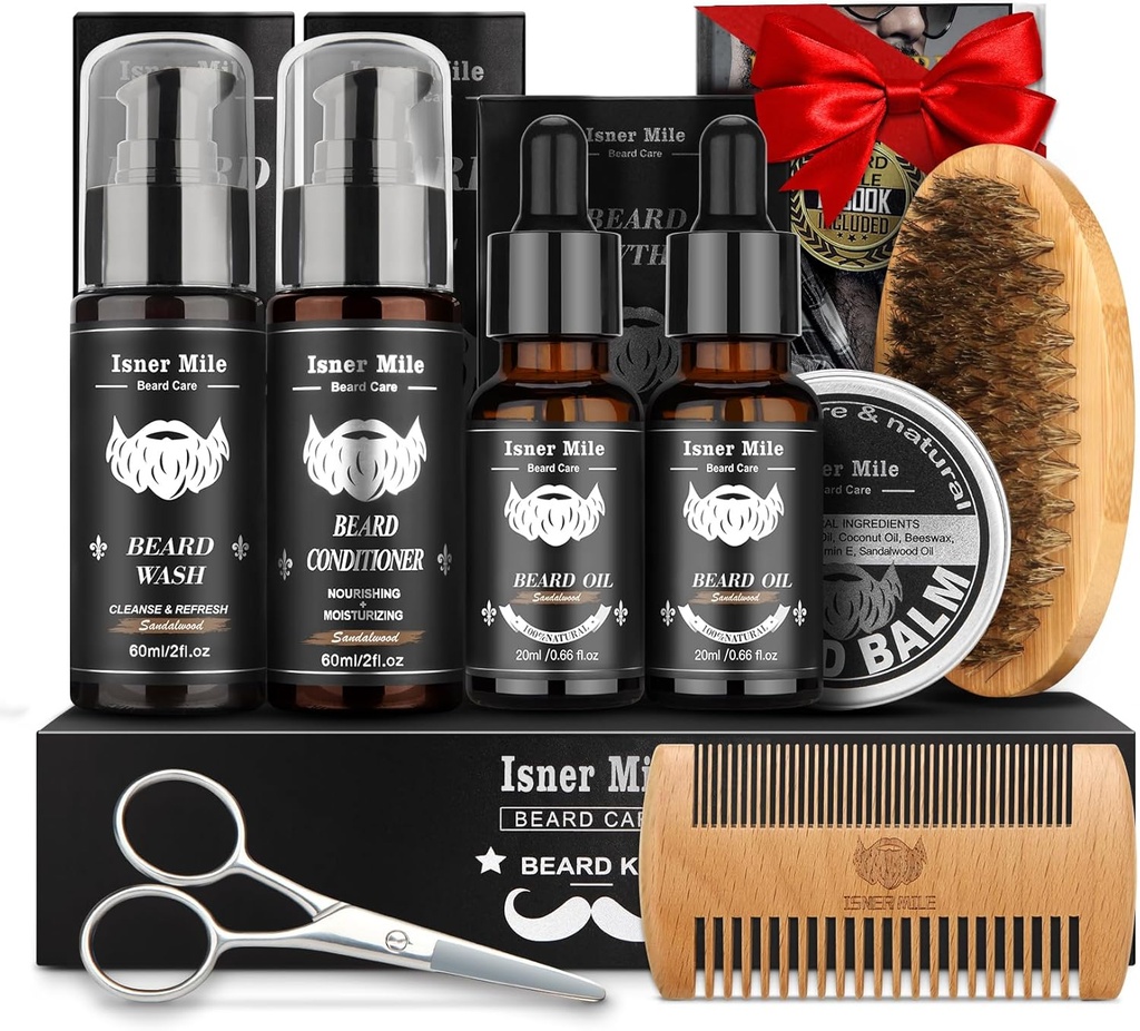 Zestaw Beard for Men Grooming & Care: z 2 Pack Beard Oils and Balm - Myj i uzdatniania do po goleniu balsam Sandalwood, Brush and Comb Sets z nożyczek, Valentines Ojców prezenty dla taty / Mężczyźni / On