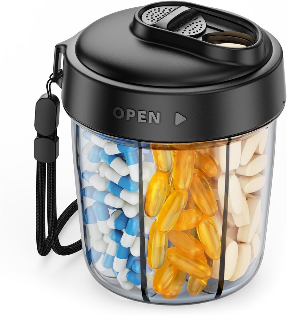 AUVON duży dozownik do przechowywania 7 różnych suplementów, Travel Pill Organizator z Anti- Mix Design, Pill Butelka z szerokim otwieraniem i suwak Lid Łatwy w użyciu, Zawiera 20 sztywniaków, czarny