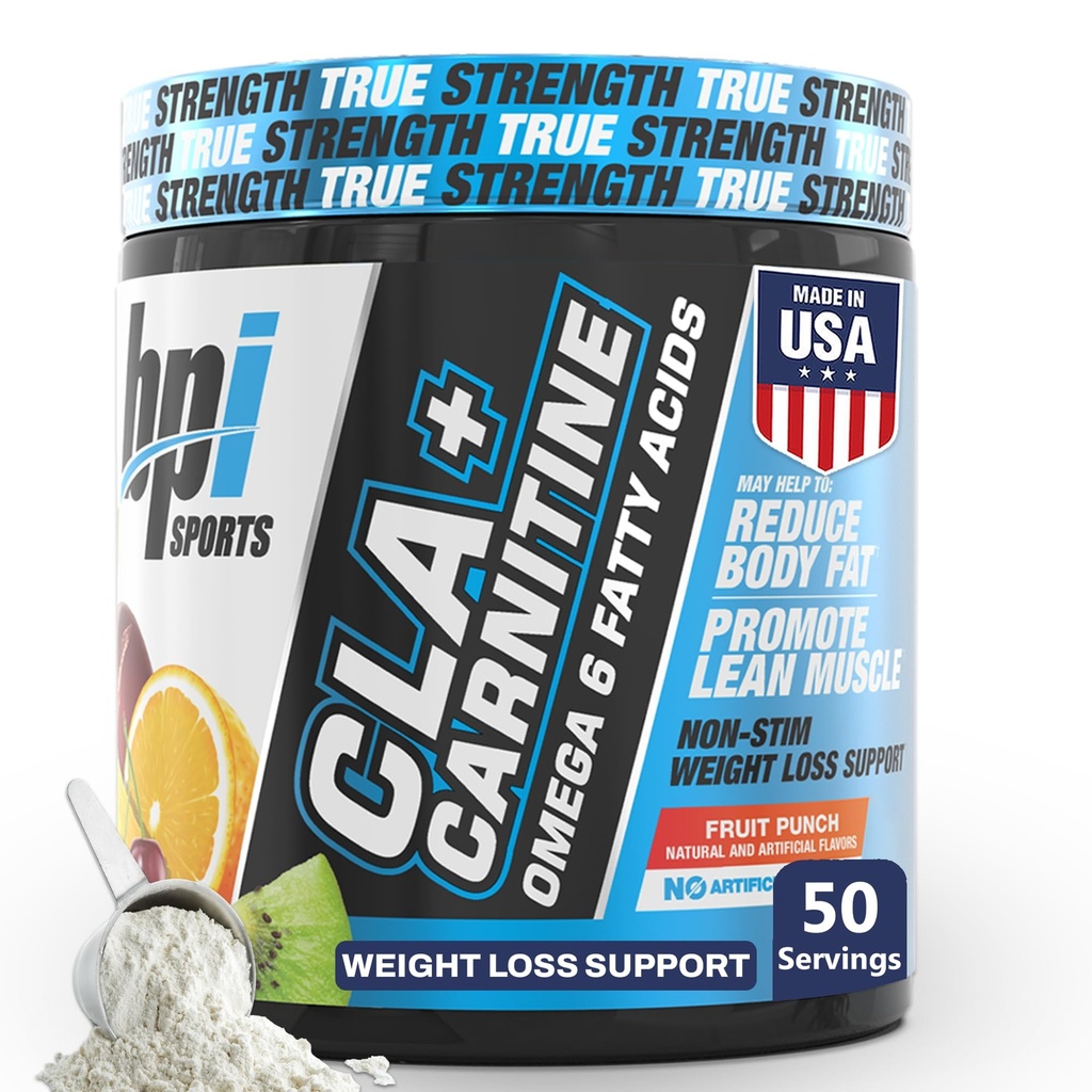 BPI Sports CLA + Karnityna - CLA L Karnityna i kwas linolowy - L Karnityna Suplement do utraty wagi, Metabolizm i Chude Mięśnie - Kofeina wolna - Owoce Punch - 50 Służenie - 12.34 oz