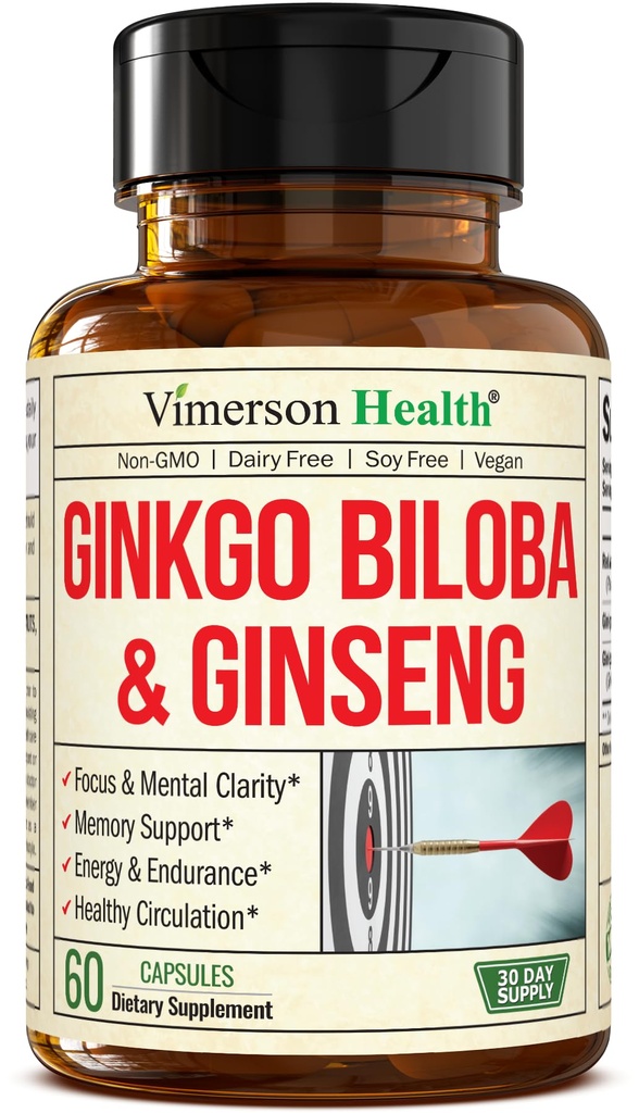 Asian Ginseng and Ginkgo Biloba Supplements - Panax Ginseng Extract 700mg + Ginko Biloba 720mg - Nootropowy suplement mózgu do pamięci, Focus & Trwała energia - 60 Kapsułek easy- to- Połknięcia