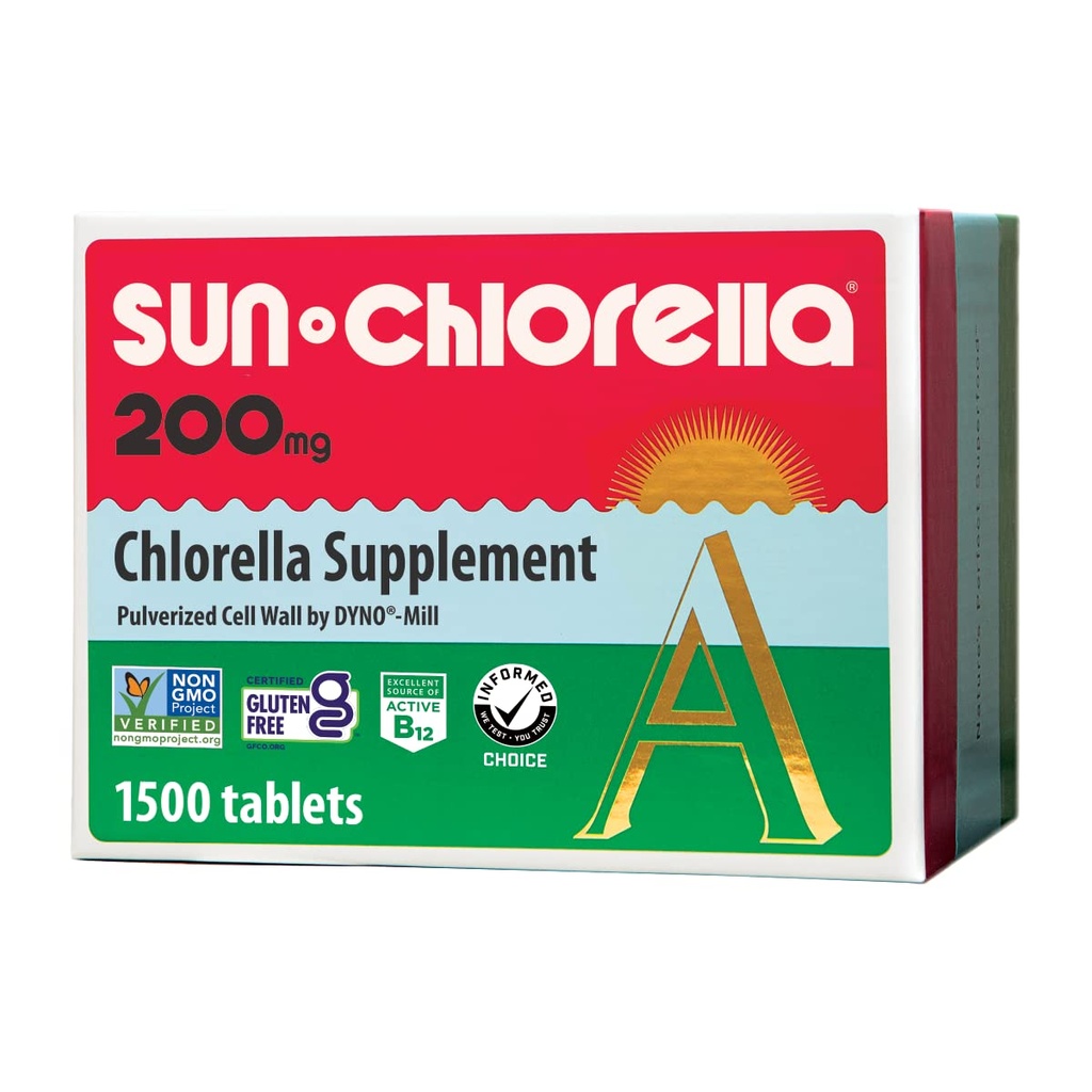 Sun Chlorella 200 mg Green Algae Superfood Supplement - Ściana komórkowa pulwertyzowana - Chlorofil, CGF, Aktywny B12, Żelazko, Białko - Non-GMO - 1500 Tabletki
