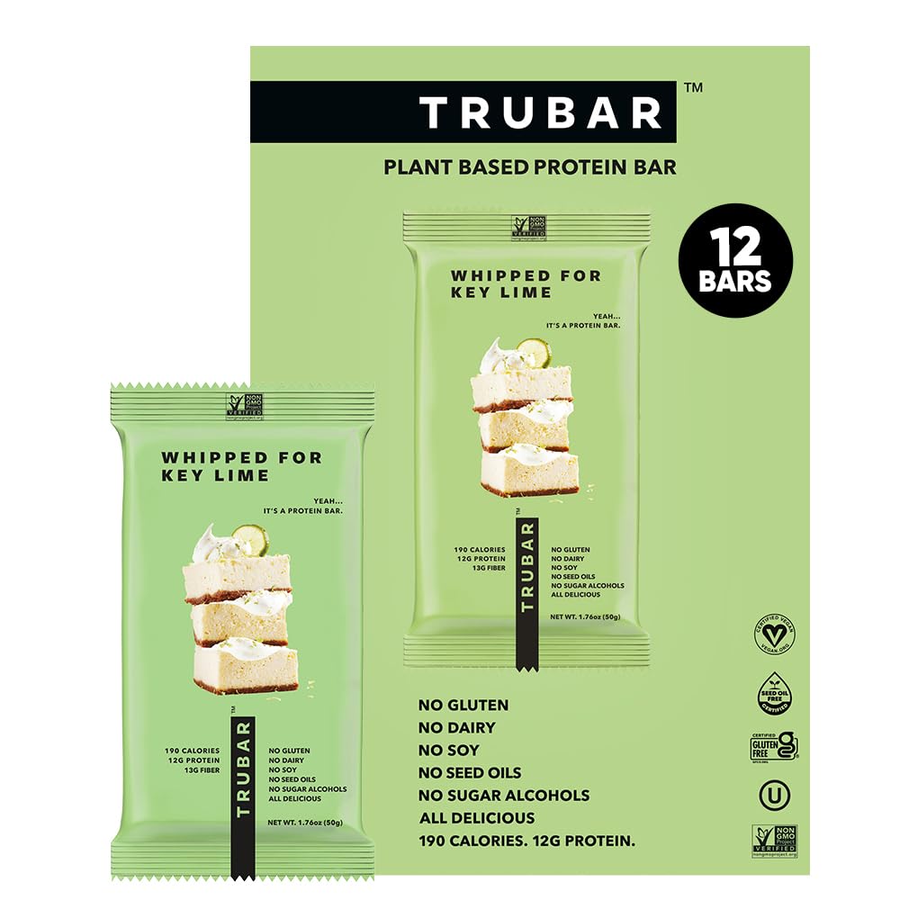 TRUBAR Vegan Protein Bar, Whipped for Key Lime, Gluten Free, Plant Based, High Fiber, Dairy Free, Low Fat, Non GMO, No Sugar Alcohols, 12G Lean Protein, 13G Fiber, Healthy Snack Bars, 12 CT