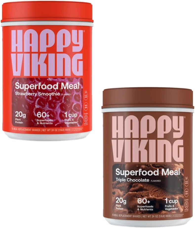 Szczęśliwy Viking Czekolada i Truskawka w proszku, przez Venus Williams, 20G Białko, Niski Carb, Keto, Wegan, Gluten- Free, Cuperfoods, Kompletne Meal Replacement, 2 kanistry (24 oz. Każda)