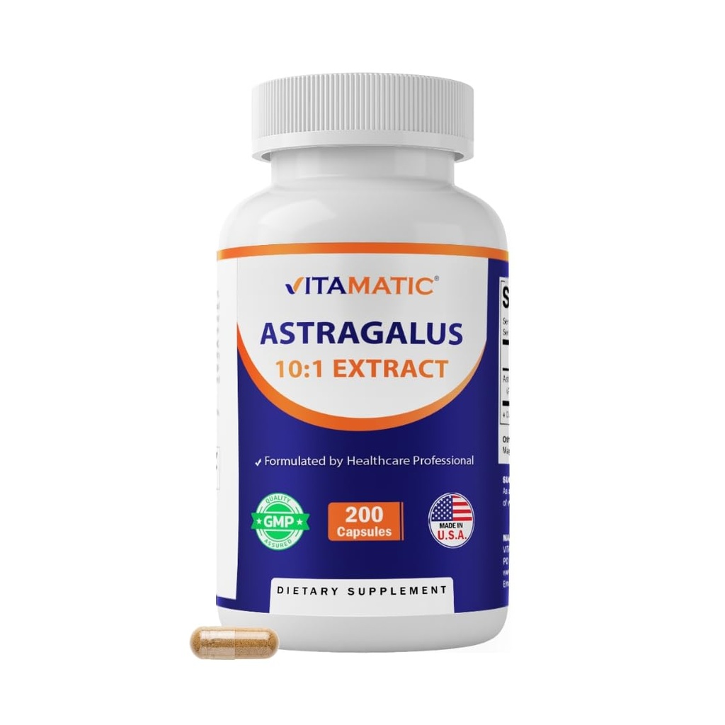 Vitamatic Astragalus kapsułki 200 kapsułki Veg - 10: 1 Astragalus Extract 500mg - Non- GMO, Gluten- Free