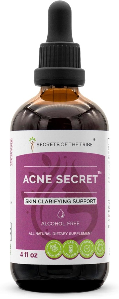 Tajemnice Tribe Acne Secret Alcohole Extract, Tincture, Glycerite Boldo, Corn Silk, Stinging Nettle Leaf, Alfalfa, Senna Leaf. Wsparcie dla wyjaśnienia skórnego (4 Fl Oz)