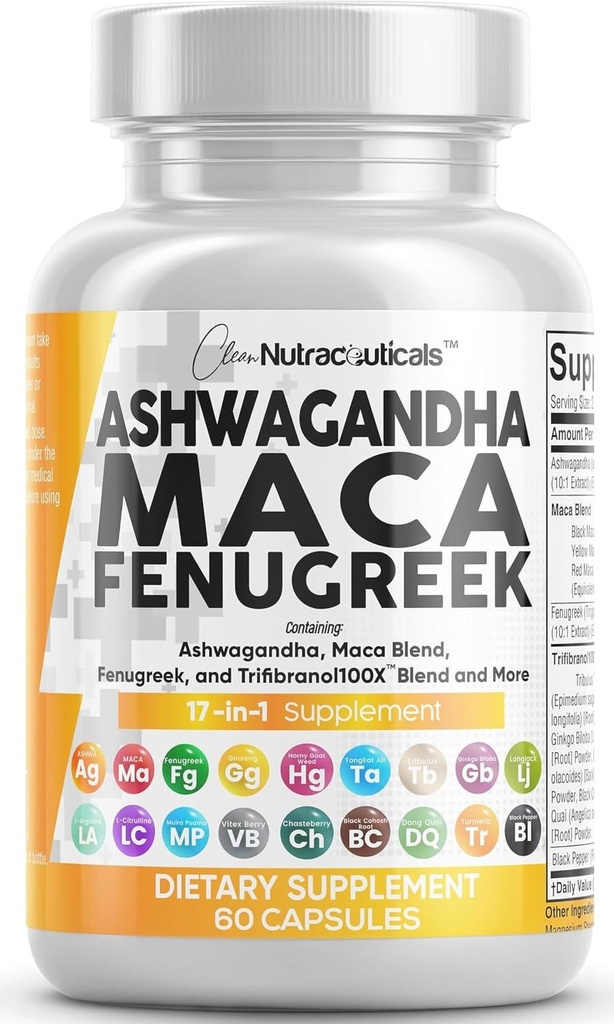 Czysty Nutraceuticals Ashwagandha Maca Kozieradka kozieradka z Tongkat Ali Ginseng - Assists with Stress, Mood & Thyroid - Ashwagandha Kapsułki Kozieradka - 1 opakowanie