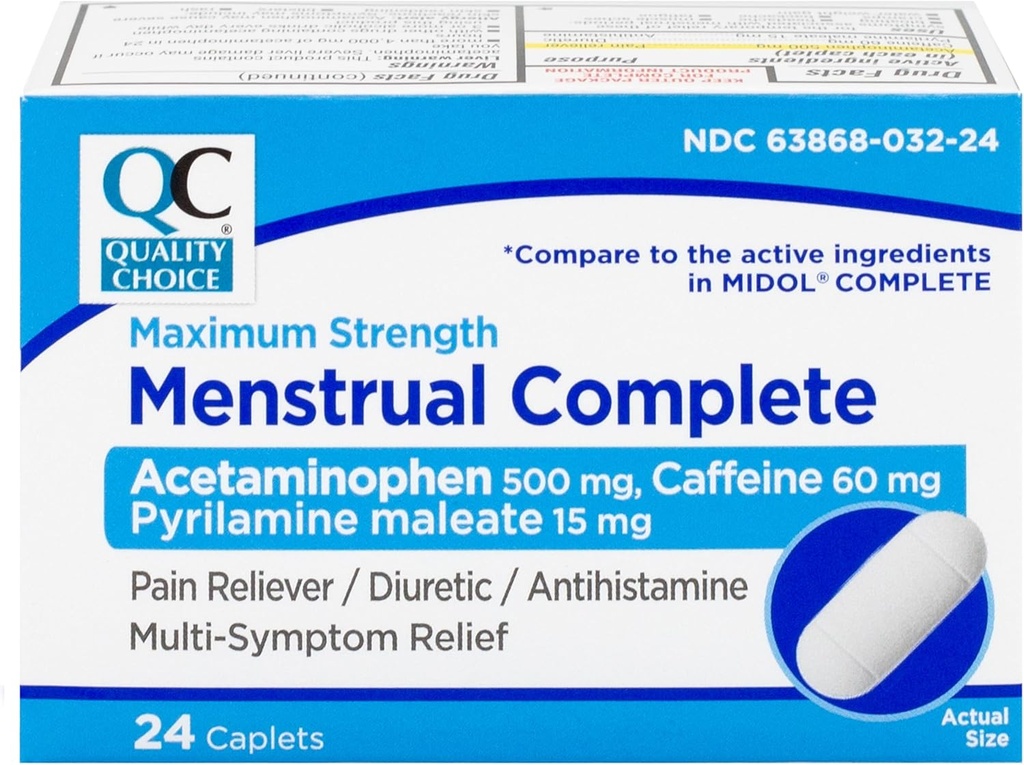 Wybór jakości menstruacyjny Kompletny Max Siła Okres Ulgi Ból, 500 mg Acetaminofen, 60mg kofeiny, 15 mg Pyrilamine Maleate, Krampy, Bloating, Ból głowy. 24 Hrabia.