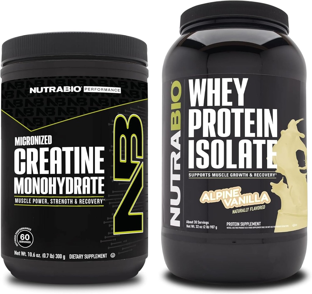 Monowodzian NutraBio Creatine, izolat nieflaworyczny, 300g i białko serwatki, wanilia alpejska, suplement Paleta - Energia mięśniowa, Lean Muscle Growth, Odzysk i Siła