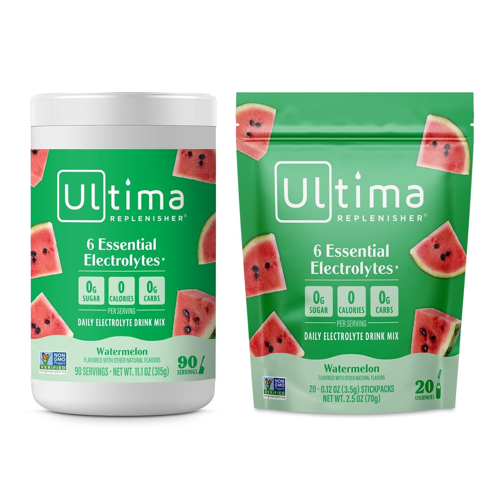 Ultima Replenisher Electrolyte w proszku mieszanki napojów - Bezcukrowy - Arbuz, 90 Pojemnik do podawania i 20 Pakiety Stickpack - 6 Elektrolity i minerały - Keto Friendly, Wegan, Non-GMO