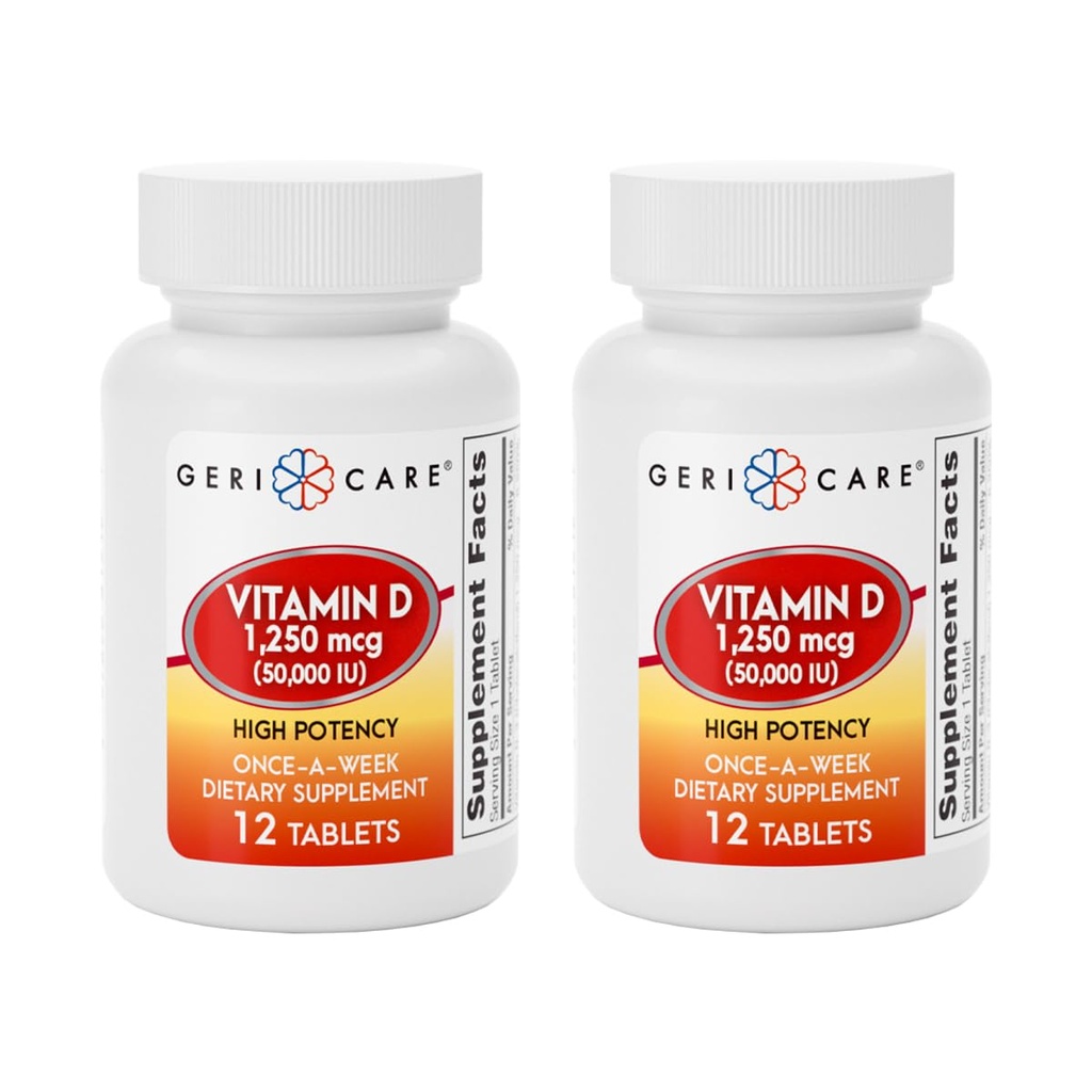 GeriCare Witamina D 1,250mcg (50 000 j. m.) Wysoka potencja, wspiera gęstość kości, zdrowie mięśni, funkcje immunologiczne i wchłanianie wapnia, Suplement diety Once- A- Week, 12 Liczba (Opakowanie po 2)