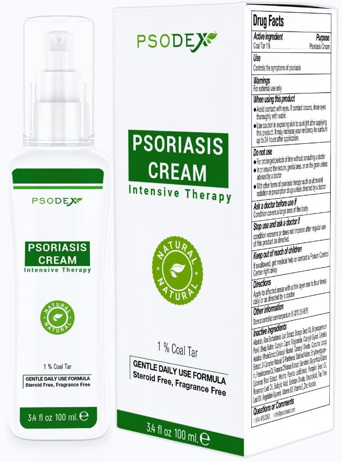 PSODEX Łuszczyca Śmietanka - 3.4fl oz Topical łuszczyca Leczenie z węgla Tar, kwas salmonellowy, olej z drzewa herbacianego, Aloe Vera - All- Naturalne składniki - Kojące i nawilżające smoła łuszczyca
