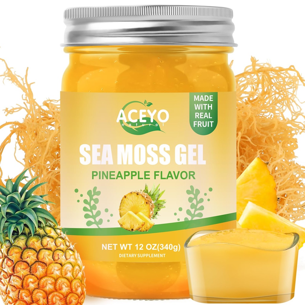 ACEYO (12 OZ Irish Sea Moss Gel Raw Vegan Ananas Flavor 102 Witaminy i Minerały Dzikie Zbrojone Non-GMO Immune Defense Booster Tyroid Digestive Support