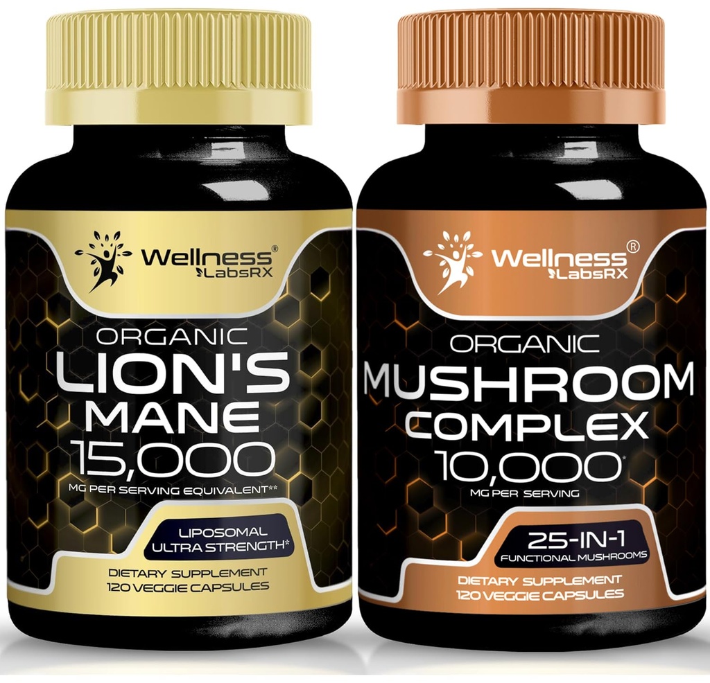 WELLNESS LABSRX Lions Mane Supplement Kapsułki i Mushroom Kapsułki 124; Bundle