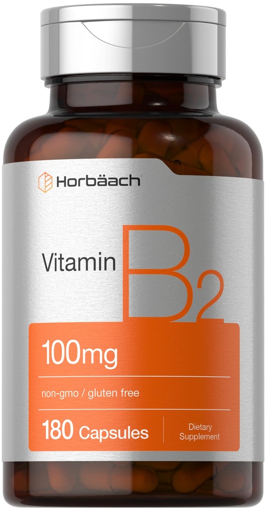 Horbäach Witamina B2 100mg Betaferon 124; 180 Kapsułki Betaferon 124; Riboflavin Suplement Betaferon 124; Non- GMO & Gluten Free