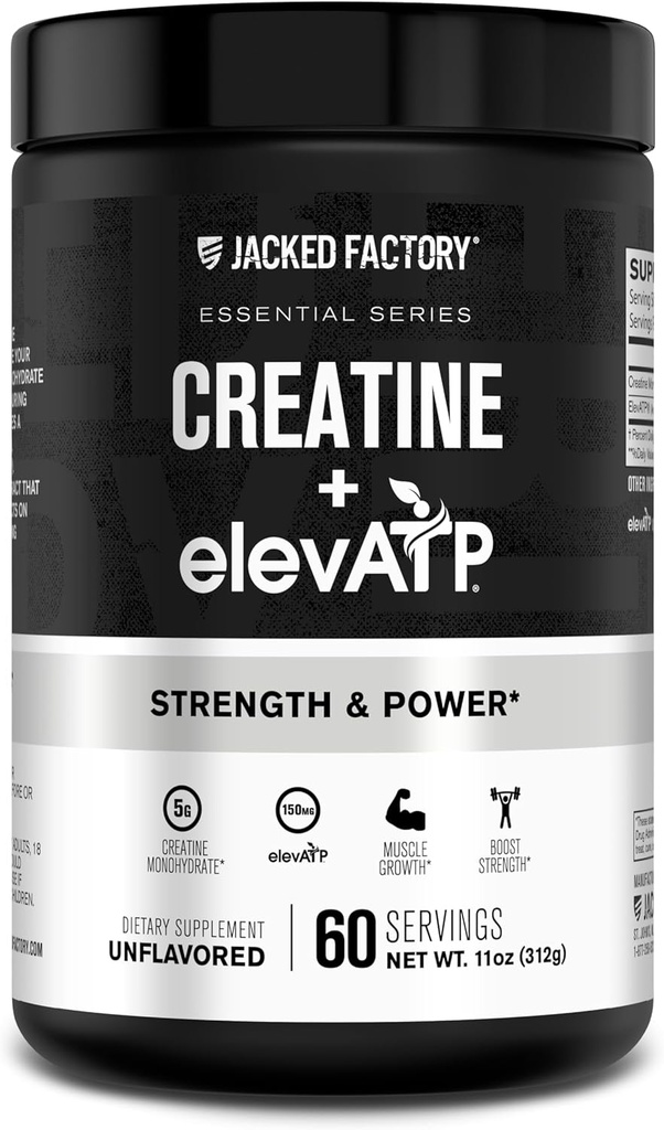 Jacked Factory Creatine + ElevATP - Monowodny proszek do tworzenia mięśni wzrostu, zwiększona siła, Zwiększona moc wyjściowa energii, z ElevATP dla trwałej energii i wytrzymałości - 60 Służenia, niearomatyzowane