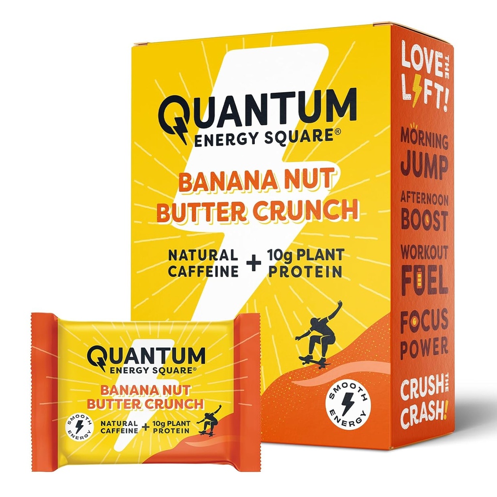 Quantum Energy Square: Energy Bar z kofeiną & 10 g białka. Delicious Healthy Snack On The Go. (Wegan, Gluten- free, Soy- free, Dairy- free) - Banana Nut Butter Crunch 8Pk
