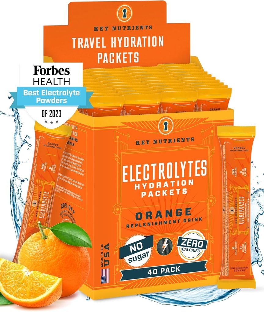 Numery KLUCZOWE Pakiety proszkowe Electrolytes - Tangy Orange 40 Pakiety nawadniające - Proszek nawadniający podróży - Made in USA - No Sugar, No Calories, Gluten Free