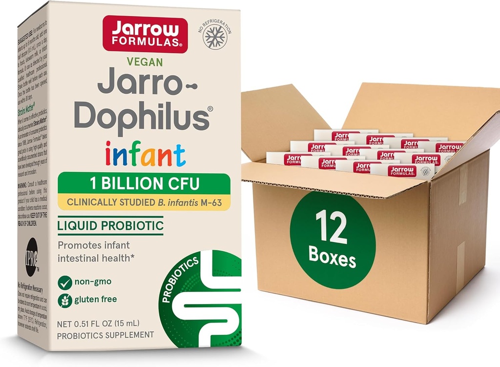Jarrow Fixas Jarro- Dophilus Infant Liquid Probiotic, Suplement diety, Wsparcie zdrowia jelit dla niemowląt, 1 Miliard CFU na Serving, 0.51 Fl Oz, 30 Day Supply, (Opakowanie 12)