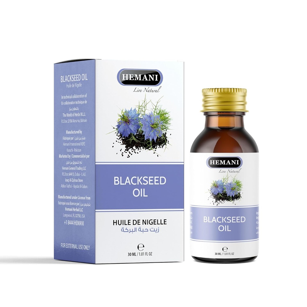 Hemani Black Seed Oil 30ml - Pure Premium Cold Pressed Nigella Sativa Black Cumin Oil for Digestive Health, Funkcje mózgu, Wsparcie układu immunologicznego. Naturalne źródło Thymochinonu