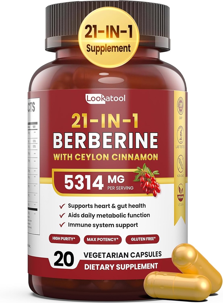 21- in-1 Berberine Supplement with Ceylon Cynamon - 1500mg Organic Berberine HCL Phytosome, 5X Wyższa Wchłanianie dla wsparcia metabolizmu 20 Kapsułki
