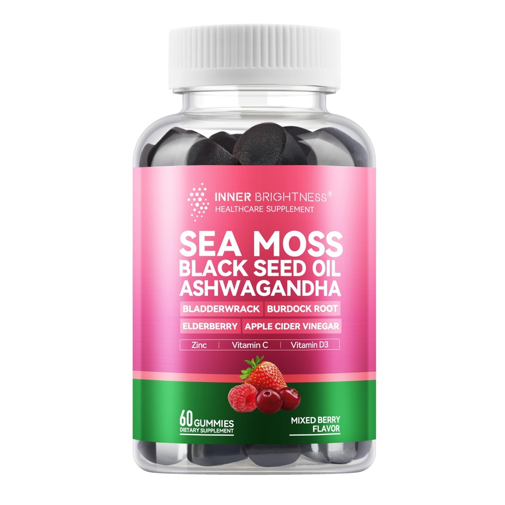 Sea Moss 4000mg Gummie z Ashwagandha, Elderberry, Jabłko Cydr Ocet, Bladderwrack, Burdock Root - Wsparcie immunologiczne - Mieszane Berry Flavor - 60 Count