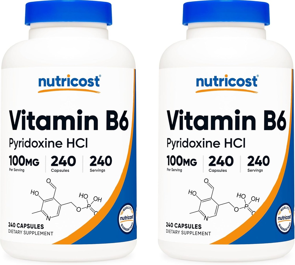 Nutricost Witamina B6 (HCl pirydoksyny) 100 mg, 240 kapsułek (2 butelki)
