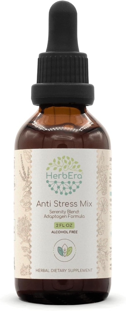 Anty Stress Mix B60 Bezalkoholowy ekstrakt nalewka, Eleuthero Root, Rhodiola Root, Schisandra Berry, Gotu Kola Herb, Święty Basil Herb. Mieszanka Serenity: Adaptogen Formula 2 Fl Oz