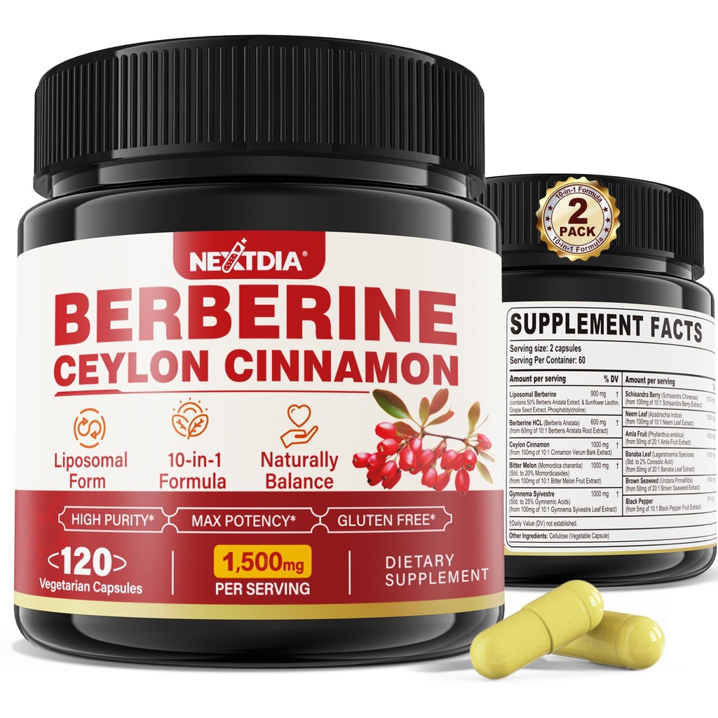 2 Pack 1500mg Liposomal Berberine HCL z Ceylon Cynamon Bitter Melon, Organic Berberine Complex Supplements with Banana Leaf, Wspiera odporność i trawienie - Wegan 240 Kapsułki