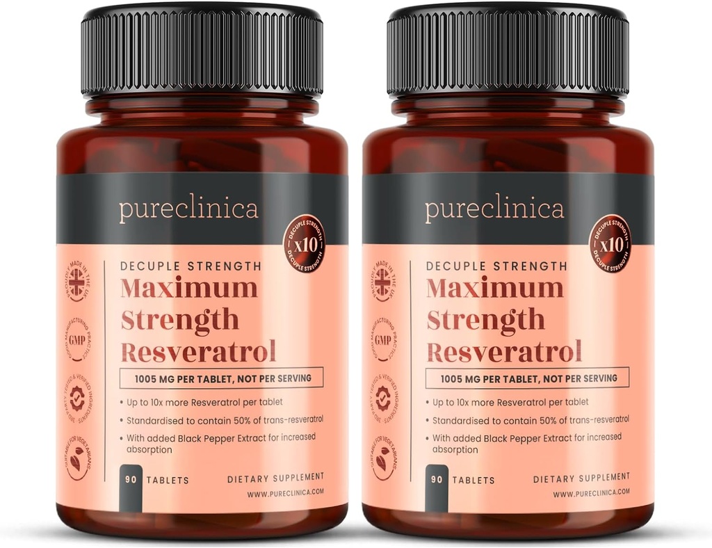 pureklinica 1000mg Resveratrol x 180 tabletek (2 butelki po 90 tabletek każda - 6 miesięcy dostaw). 10 x Wyciąg z Black Pepper dla szybszego wchłaniania
