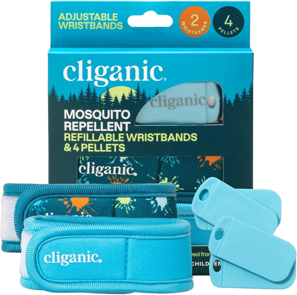 Cliganic Mosquito Repelent Pack (2 opaski na nadgarstki + 4 Pelety do napełniania) - Regulowany, Naturalny BEZ DEET-, Esential Oil Infused