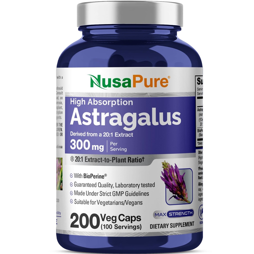 NusaPure Astragalus 20: 1 Extract, 300 mg Ekwiwalent 6 000 mg Per Serving, 200 Kapsułek wegetariańskich, Non- GMO & Bioperine