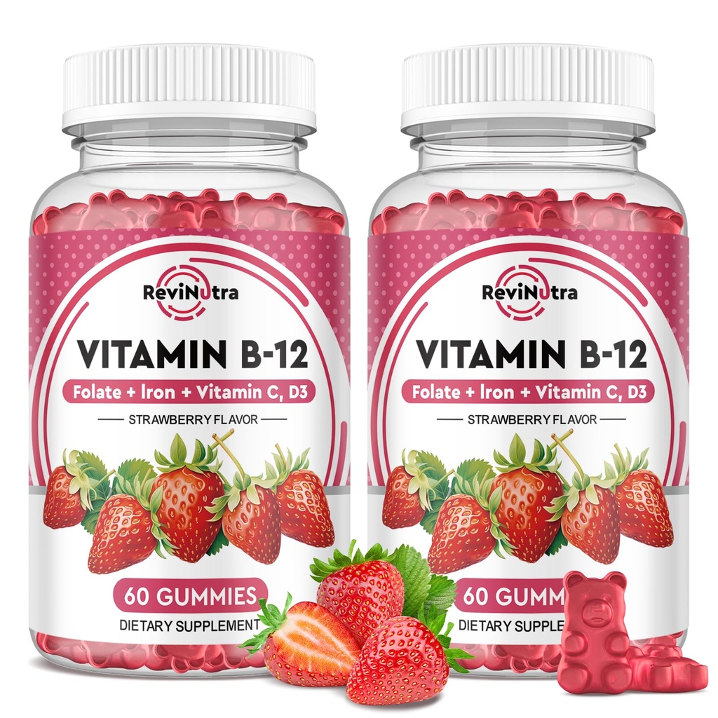 Witamina B12 Kompleksowe żeberka - 5000 µg Metylkobalamina z żelazem, Witamina C, D3 & Folate, Wsparcie energetyczne i Metabolizm, Immune, B- 12 Suplement do żucia dla mężczyzn i kobiet, Smak truskawki, 2 opakowania
