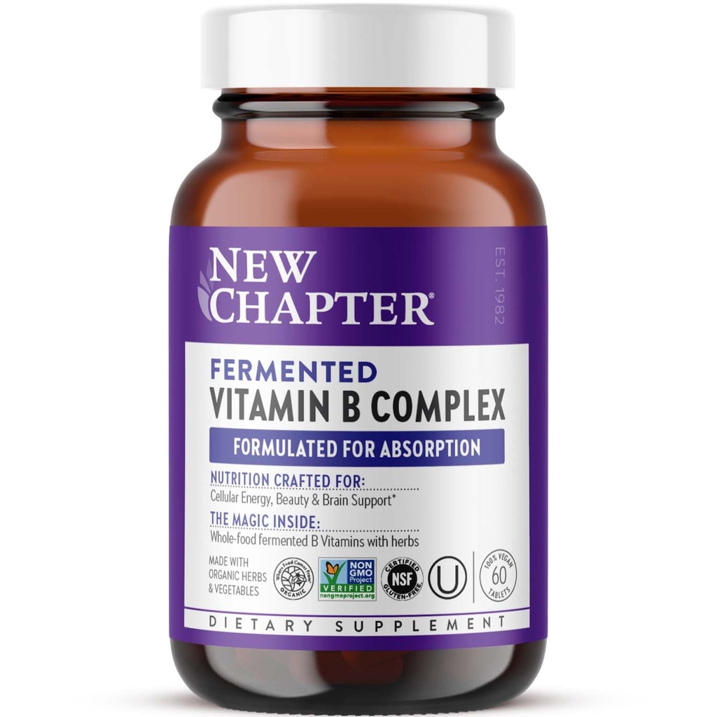 Nowy rozdział Kompleks witaminy B, Fermentowany Kompleks witaminy B, USDA Organic, One Daily for Cellular Energy + Mózg + Piękno, 100% Wegan, Gluten- Free - 60 Count