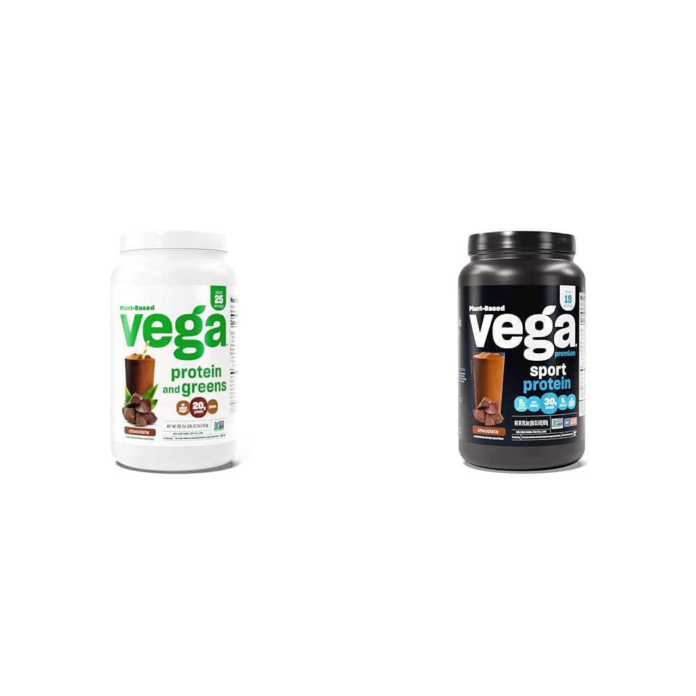 Białko Vega i zieleń w proszku protein, czekolada - 20 g roślin na bazie białka Plus & Premium Protein Sport Protein Czekoladowy w proszku, Wegan, Nie GMO, Gluten roślin na bazie