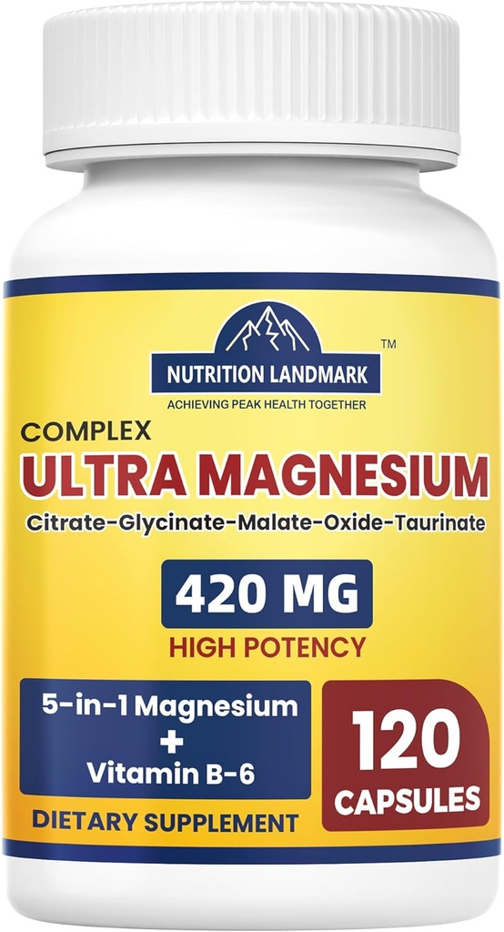 Magnezu Complex Supplement z witaminą B6, 2 Miesiąc Dostawa 420mg 5-in-1 Magnezu tlenek, Taurate, jabłczan, Cytrynian, Glicynian Max Wchłanianie Magnezu Suplement dla uspokojenia, Sleep & Noga Krampy